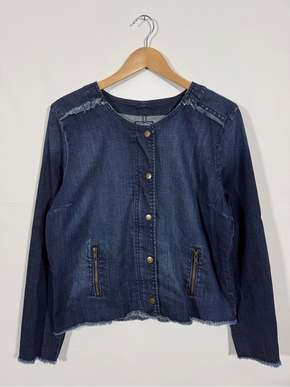 WJT1 {Lucky Brand} Blue Long Sleeve Scoop Neck Raw Hem Fringe Denim Jean Jacket